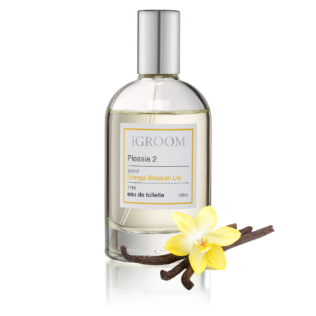 iGroom Pleasia 2 Orange Blossom Lily perfume bottle with a yellow flower and vanilla pods