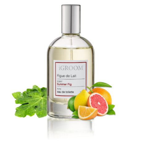 iGroom Figue de Lait Summer Fig perfume bottle with a fig leaf, lemon and grapefruit