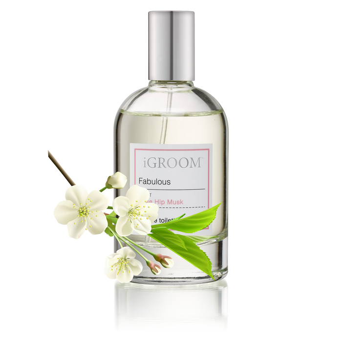 iGroom Fabulous Tea Hip Musk perfume bottle with a white blossom sprig