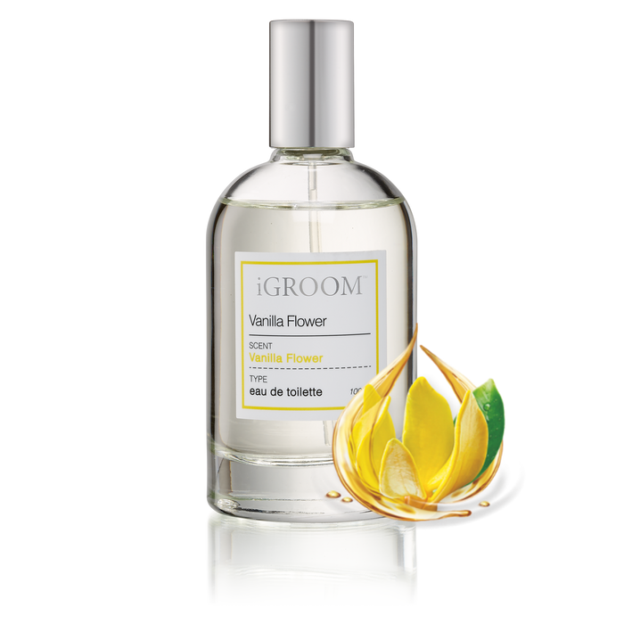 iGroom Vanilla Flower perfume bottle with yellow flower petals