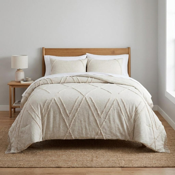 Ivory Geometric Queen Cotton Coverlet