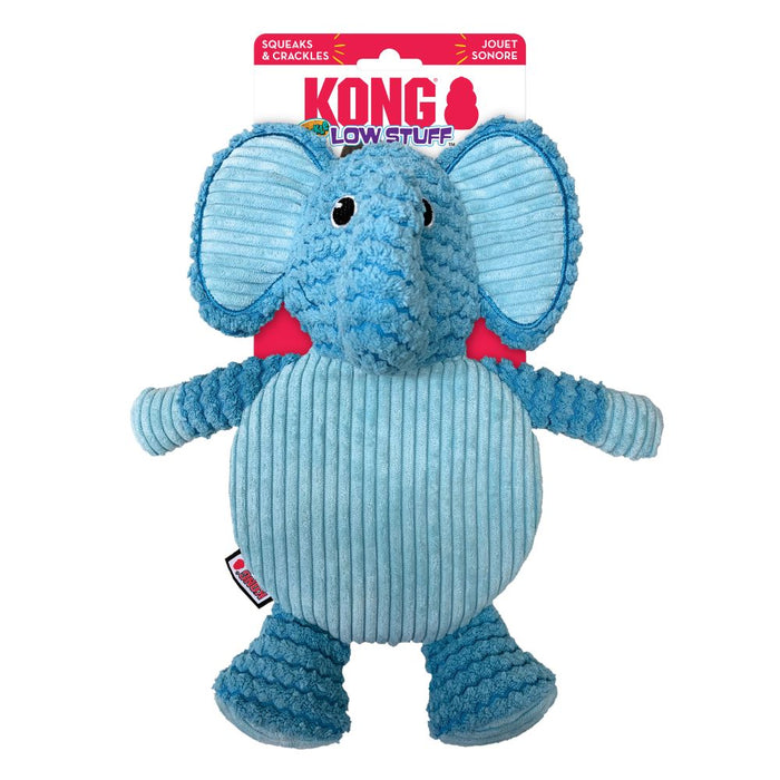 KONG Low Stuff Crackle Tummiez blue elephant plush dog toy in its retail packaging