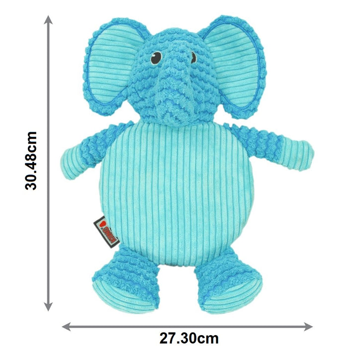 KONG Low Stuff Crackle Tummiez blue elephant plush dog toy with dimensions: 30.48cm tall, 27.30cm wide