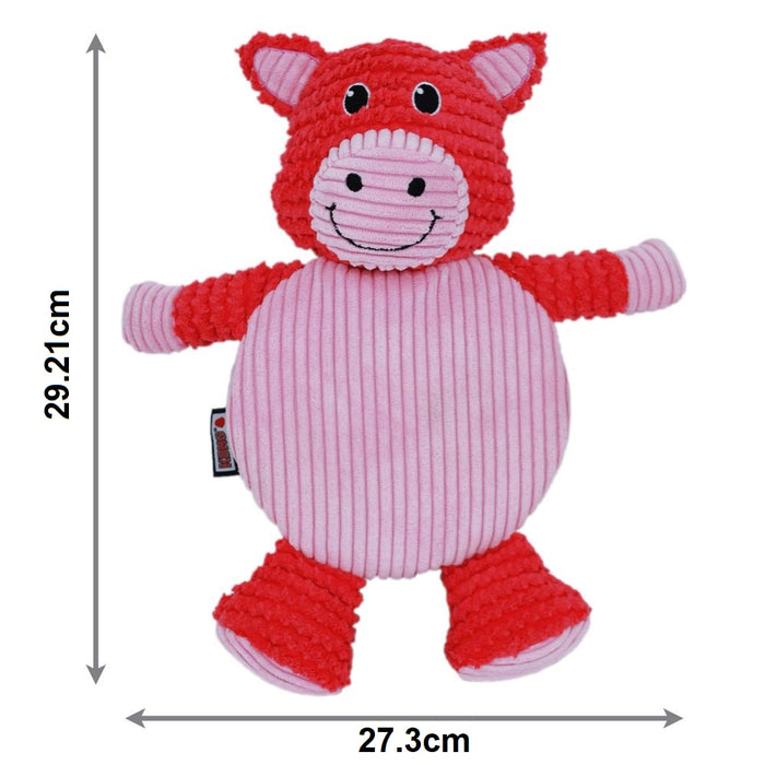 KONG Low Stuff Crackle Tummiez pink pig plush dog toy with dimensions: 29.21cm tall, 27.3cm wide