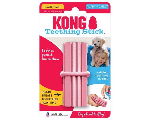 Pink KONG Puppy Teething Stick, small size, on its retail packaging with a puppy photo