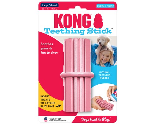 Pink KONG Puppy Teething Stick, large size, on its retail packaging with a puppy photo
