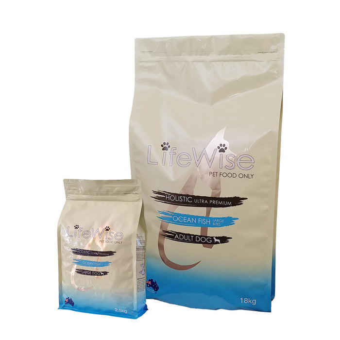 Large and small bags of LifeWise Ocean Fish large bites adult dog food with lamb, rice and vegetables