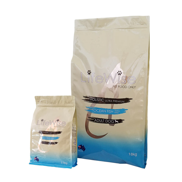 Large and small bags of LifeWise Ocean Fish small bites adult dog food with lamb, rice and vegetables