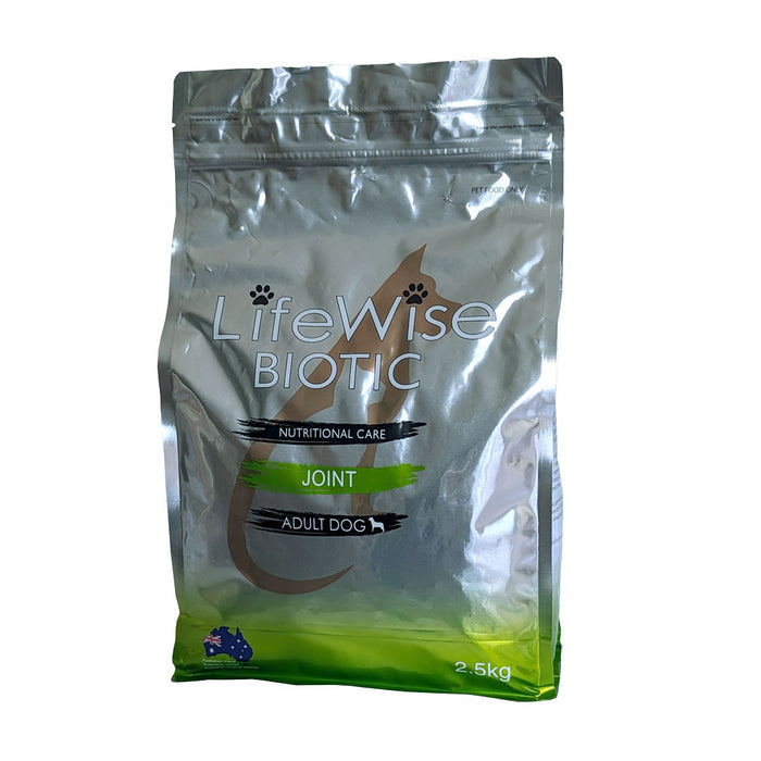 2.5kg bag of LifeWise Biotic Joint adult dog food with lamb, angled view