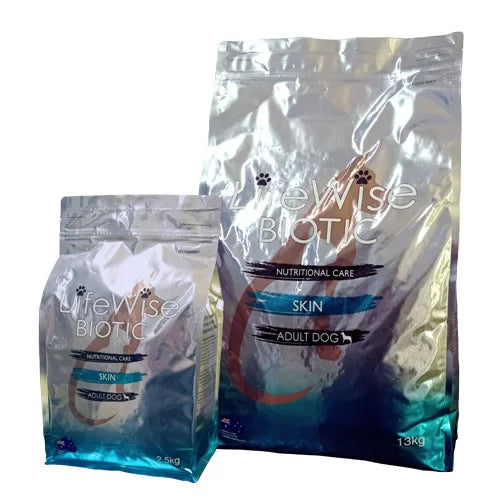 Large and small bags of LifeWise Biotic Skin adult dog food with fish, grouped together