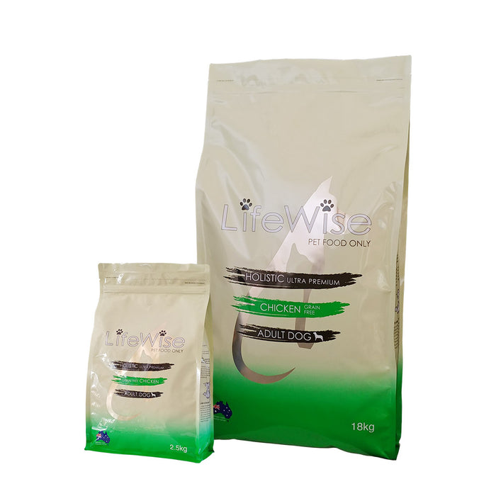 Small and large bags of LifeWise grain-free Chicken adult dog food side by side, 2.5kg and 18kg