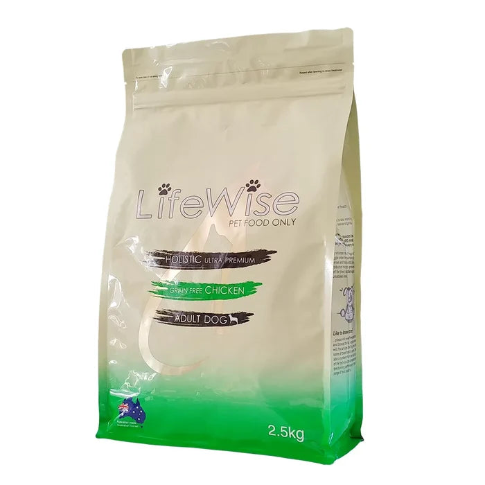 2.5kg bag of LifeWise grain-free Chicken adult dog food, angled view