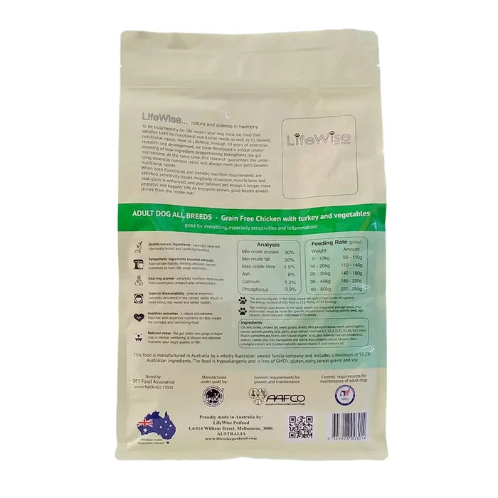 Back of a LifeWise Chicken with Turkey and Vegetables grain-free dog food bag showing feeding guide and ingredients