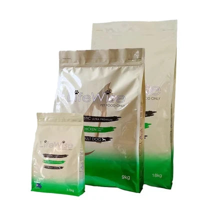 Three sizes of LifeWise grain-free Chicken adult dog food bags lined up: 2.5kg, 9kg and 18kg