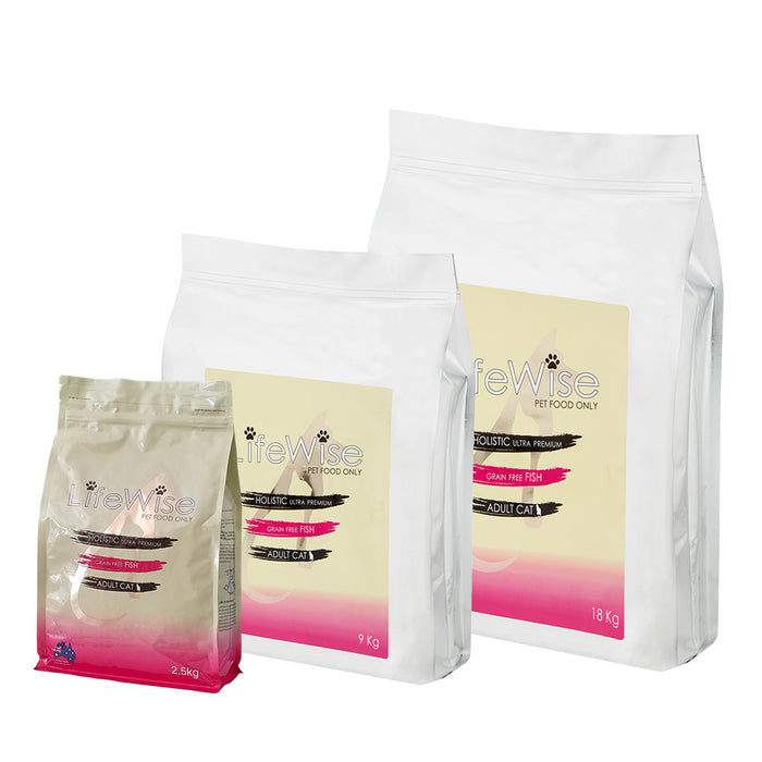 Three sizes of LifeWise grain-free Fish adult cat food bags: 2.5kg, 9kg and 18kg