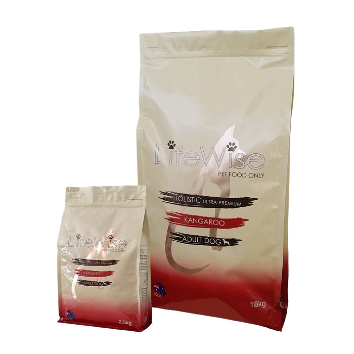 Large and small bags of LifeWise Kangaroo, Lamb, Rice and Vegetables dry adult dog food