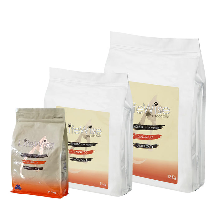Three sizes of LifeWise Kangaroo with Lamb and Rice adult cat food bags: 2.5kg, 9kg and 18kg