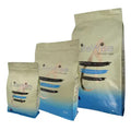Three sizes of LifeWise Ocean Fish small bites adult dog food bags: 2.5kg, 9kg and 18kg