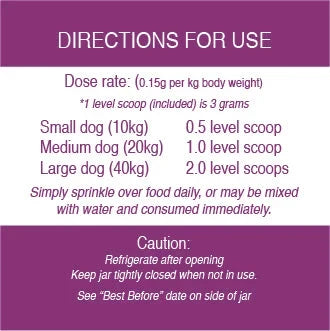 Directions for use label for LifeWise Purple Boost supplement showing dose rates by dog size