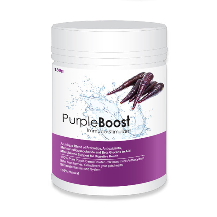 180g tub of LifeWise Purple Boost immuno-stimulant supplement with purple carrots pictured