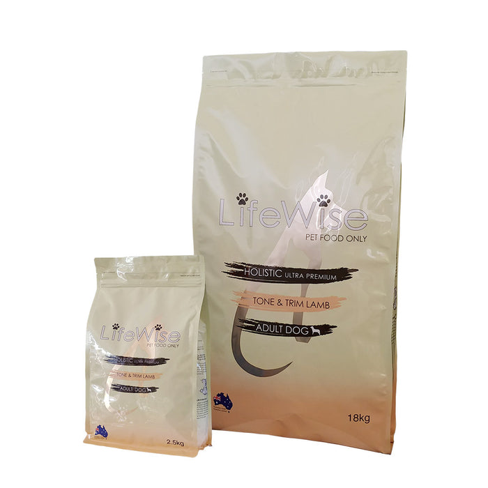 Large and small bags of LifeWise Tone and Trim Lamb adult dog food, 2.5kg and 18kg