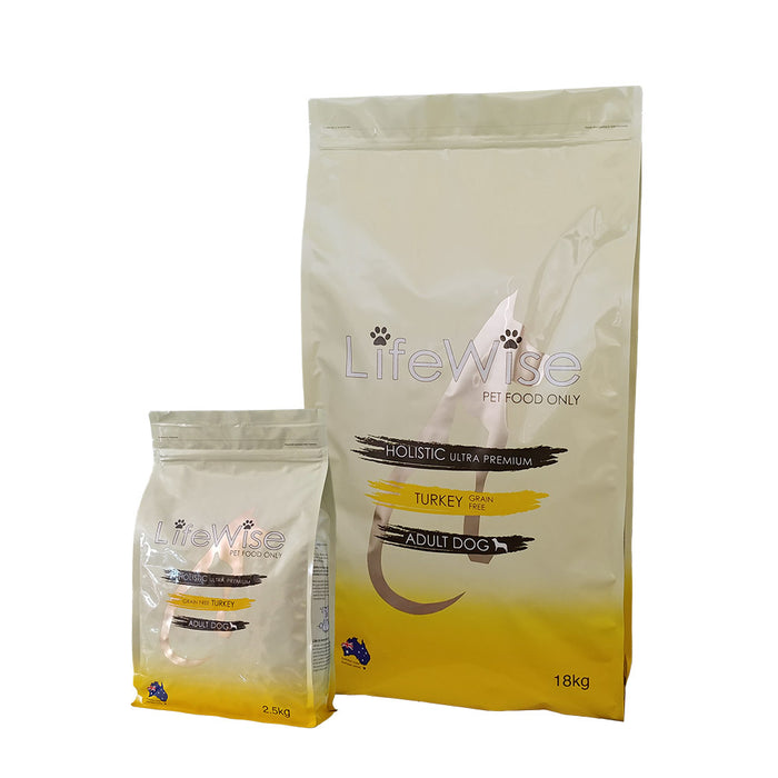 Large and small bags of LifeWise grain-free Turkey with lamb adult dog food, 2.5kg and 18kg