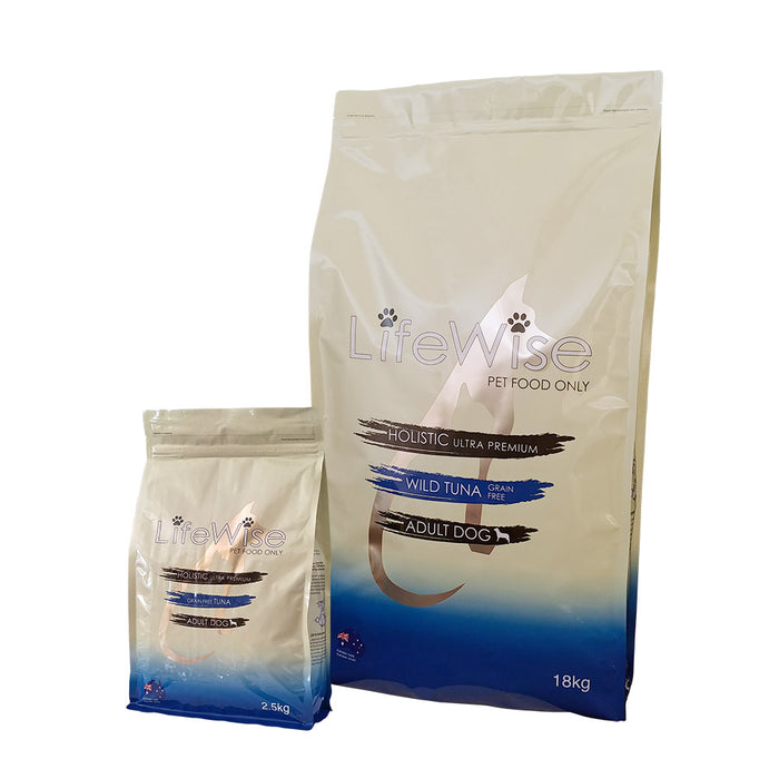 Large and small bags of LifeWise grain-free Wild Tuna with lamb adult dog food, 2.5kg and 18kg