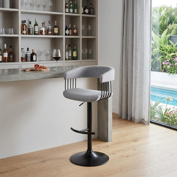 Light Gray And Black Fabric And Metal Adjustable Height Swivel Bar Chair
