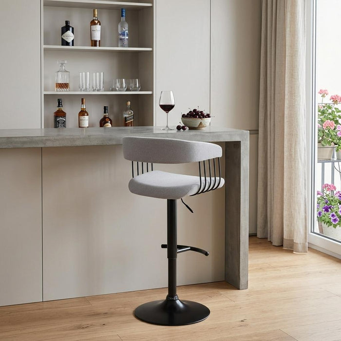 Light Gray And Black Fabric And Metal Adjustable Height Swivel Bar Chair