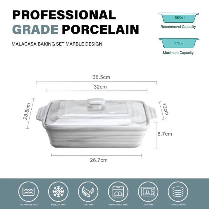 MALACASA Bake Series Porcelain Marble Oven Dishes 32cmx23.5x8.7cm 2700ml Baking Trays Oven Ramekin Gray Oven Dish