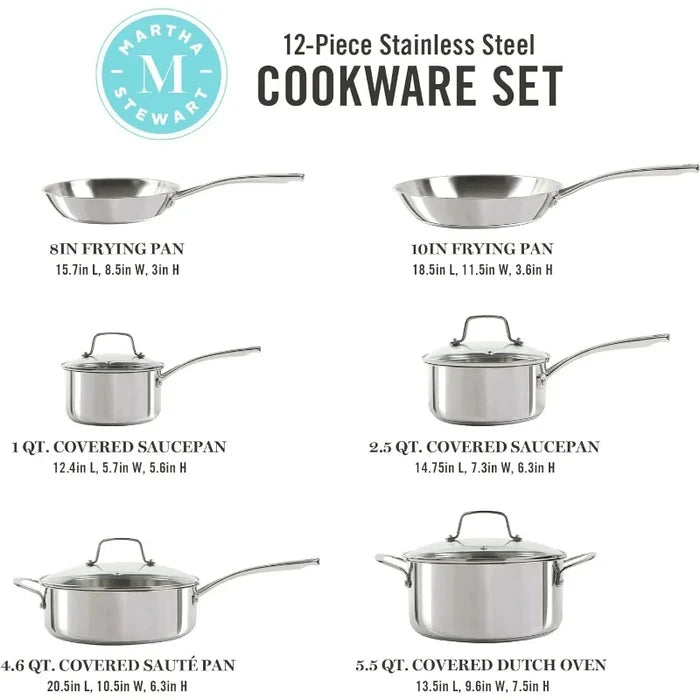 Martha Stewart Castelle 10 Piece 18/8 Stainless Steel Induction Safe Pots and Pans Non-Toxic Cookware Set