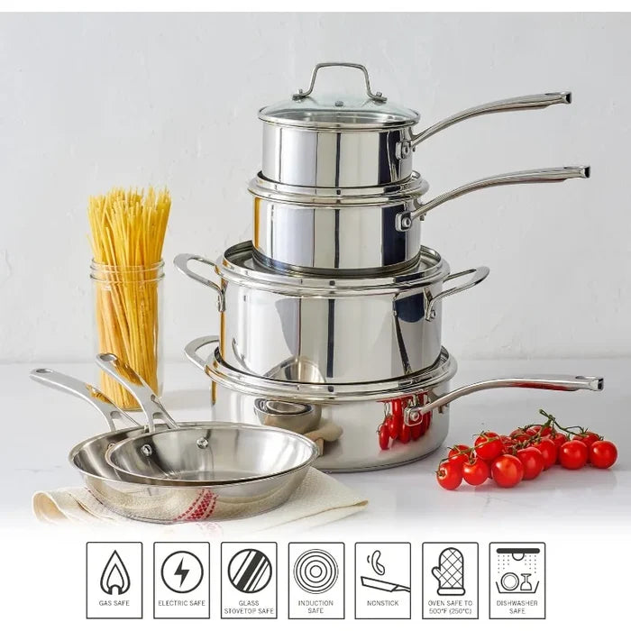 Martha Stewart Castelle 10 Piece 18/8 Stainless Steel Induction Safe Pots and Pans Non-Toxic Cookware Set