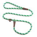 Green, yellow and cream striped rope slip lead with brown leather trim, coiled on white background