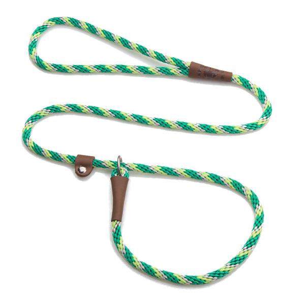 Green, yellow and cream striped rope slip lead with brown leather trim, coiled on white background