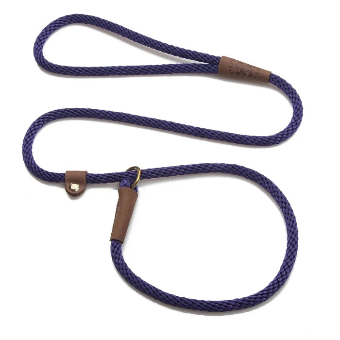 Navy purple rope slip lead with brown leather stopper and ring, coiled on white background