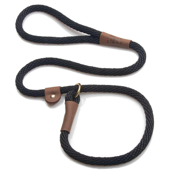 Black braided rope Mendota slip lead with brown leather trim and a loop handle