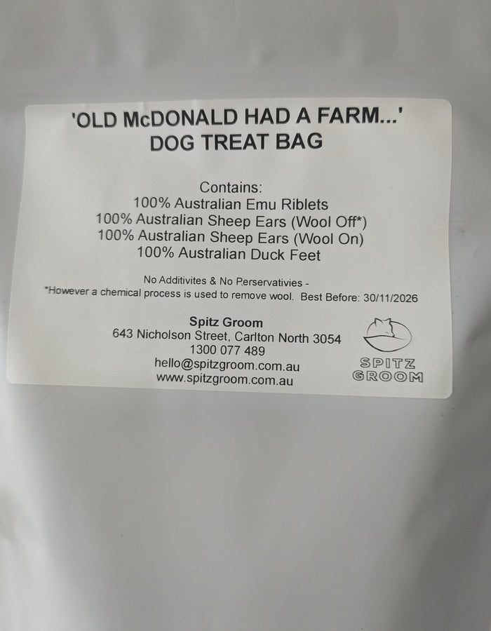 Back of the Spitz Groom 'Old McDonald Had a Farm' dog treat bag showing ingredients label