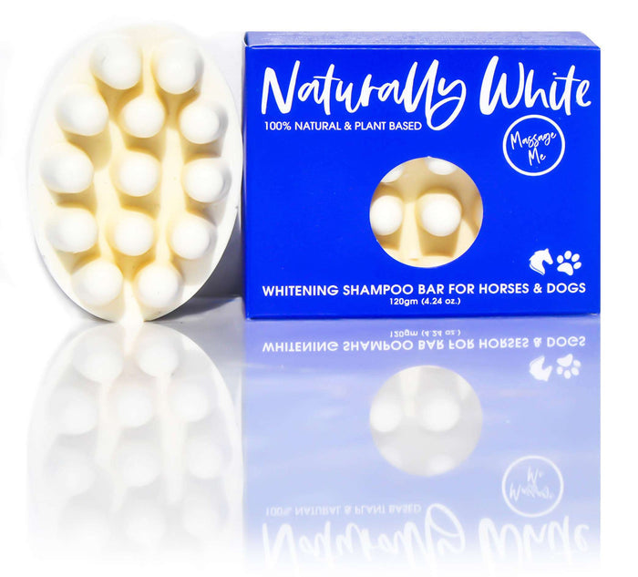White massage-textured shampoo bar beside blue Naturally White Whitening Shampoo Bar box