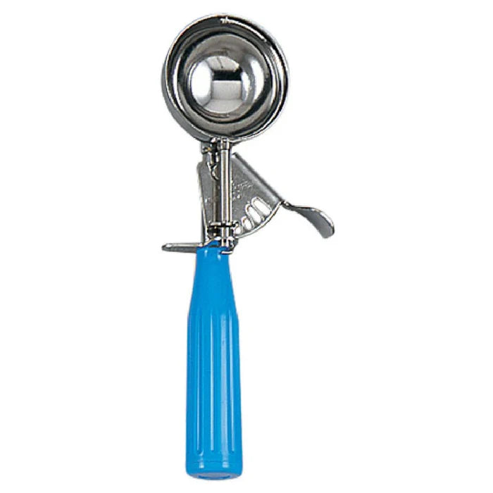 New Browne Disher, Standard, Size 16, 2.25oz/66ml, w/Blue Handle, Stainless (573316) - Falcon Restaurant Supply - 1