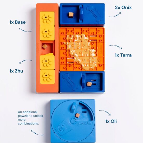 Overhead diagram of Pawzler Beginner Set pieces labelled Base, Onix, Terra, Zhu and Oli