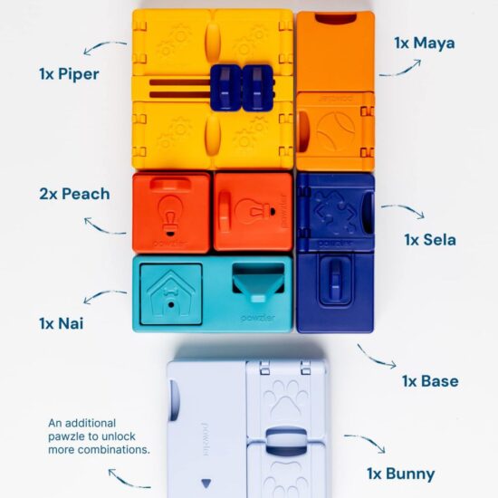 Overhead diagram of Pawzler Genius Set puzzle pieces labelled Piper, Maya, Peach, Sela, Nai, Base and Bunny