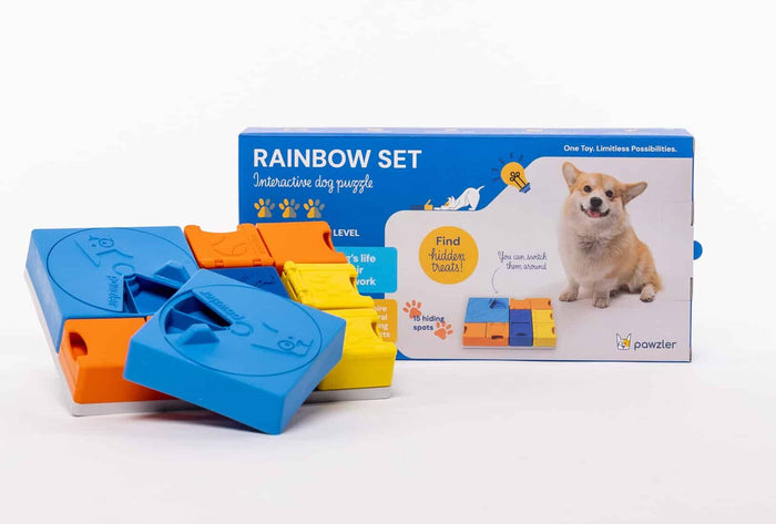 Pawzler Rainbow Set box with corgi beside disassembled blue, yellow and orange puzzle pieces