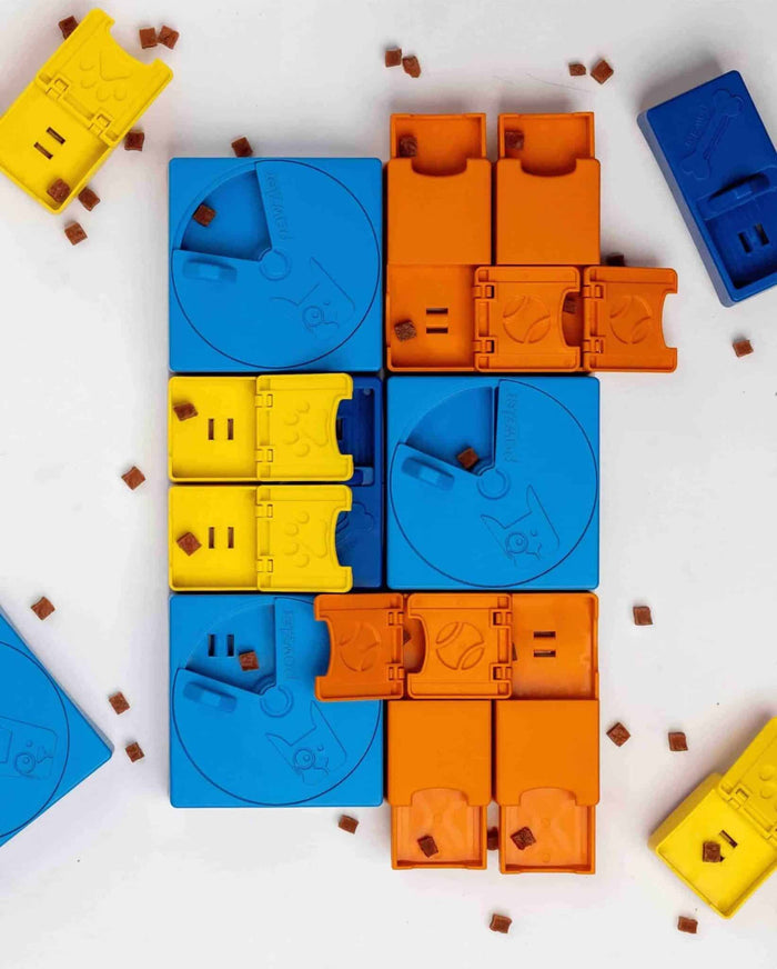 Assembled blue, yellow and orange Pawzler Rainbow Set puzzle blocks scattered with treats