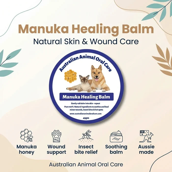Manuka Healing Balm tin with icons for wound support, insect bite relief and soothing skin care