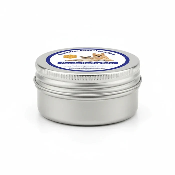 Closed tin of Australian Animal Oral Care Manuka Healing Balm on a white background