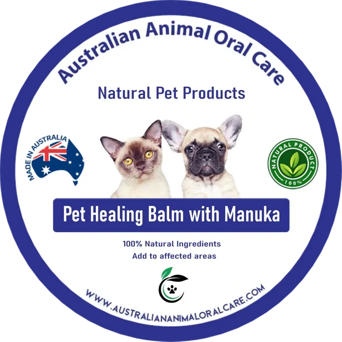Round label design for Australian Animal Oral Care Pet Healing Balm with Manuka, featuring a cat and a puppy