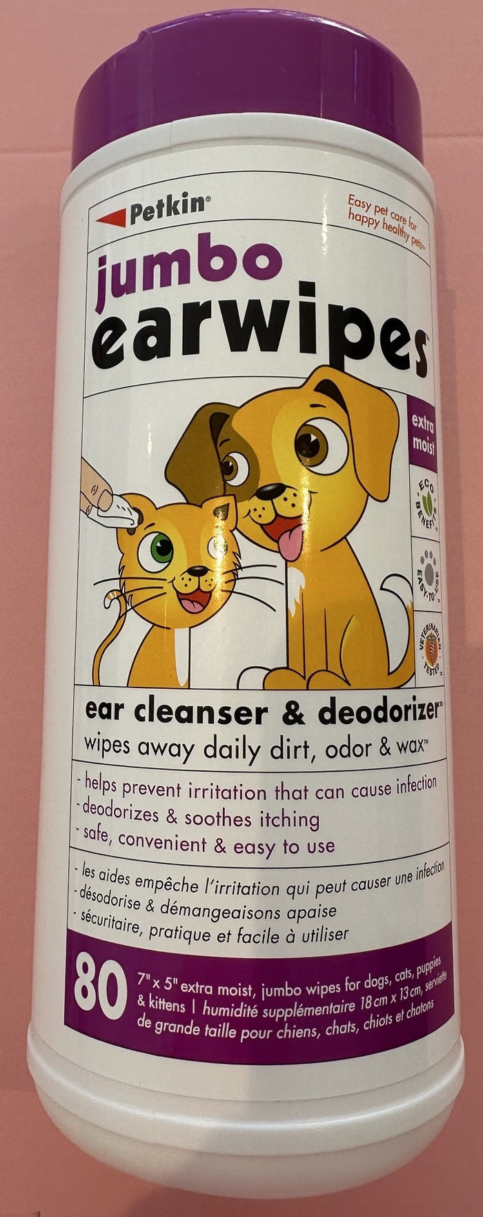 Petkin Jumbo Ear Wipes canister with purple lid, 80 count