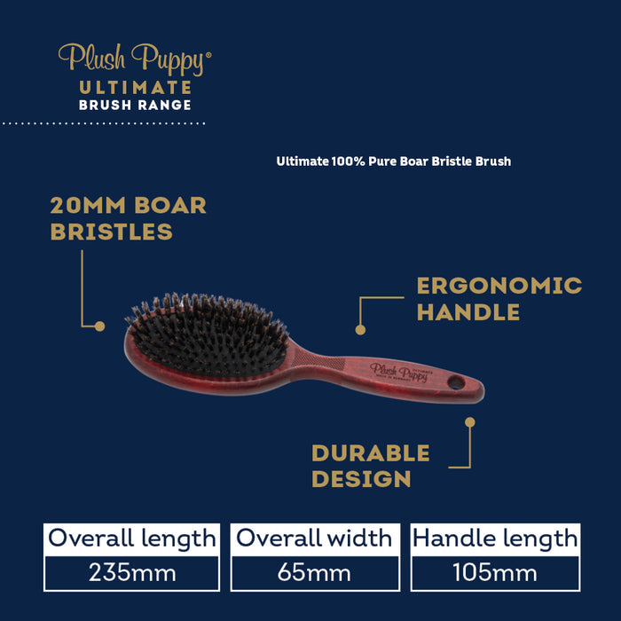 Infographic of the Plush Puppy Ultimate Pure Boar Bristle Brush showing bristle length and dimensions