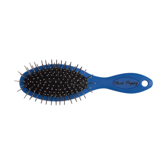 Plush Puppy blue pocket pin brush with metal pins on an oval head