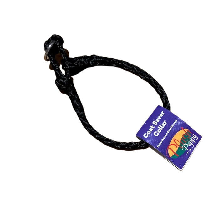 Black braided Plush Puppy Coat Saver Collar with product tag